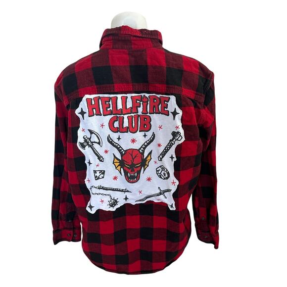 Hellfire Club Plaid Flannel Shirt LARGE Oversized Upcycle Unique Stranger Things - Picture 1 of 6